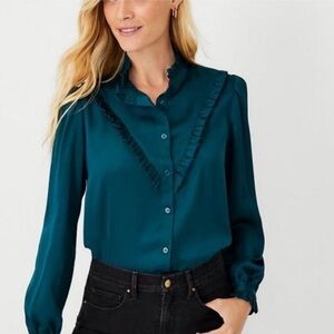 Ann Taylor Ruffle Yoke Blouse Ominous Teal Size Small